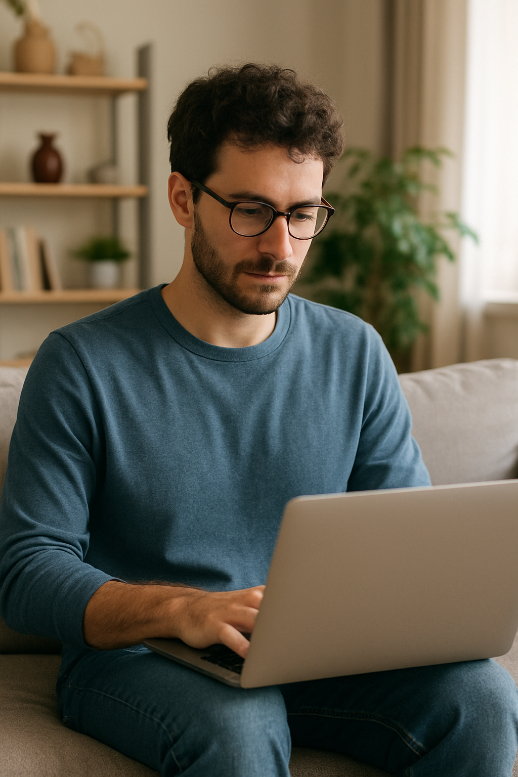 Person with laptop in casual attire at home looking for job opportunities